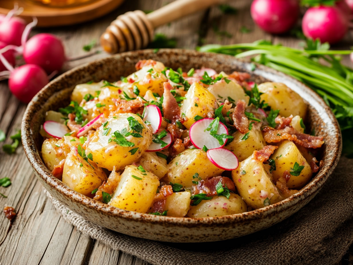 Kartoffelsalat mit Bacon und Honig-Senf-Dressing
